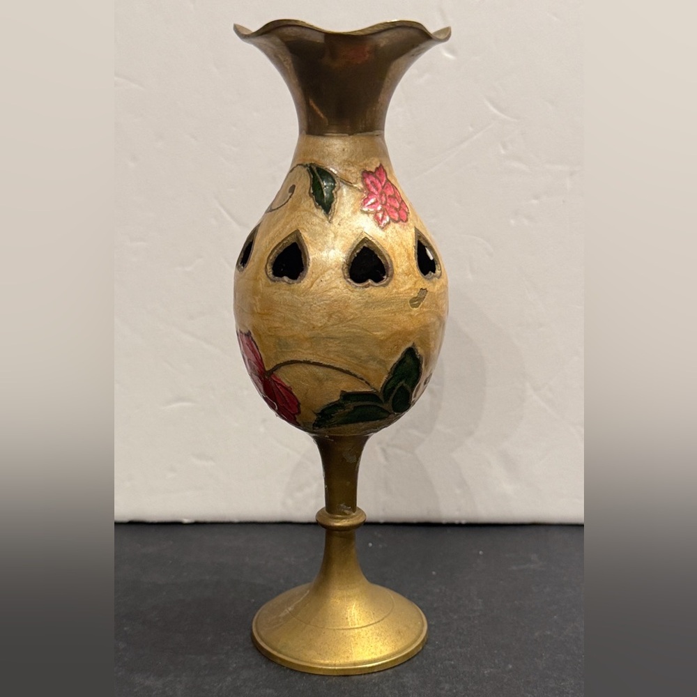 Vintage Hand Designed Peony Cloisonné Brass Bud Vase heart cut outsmade in India